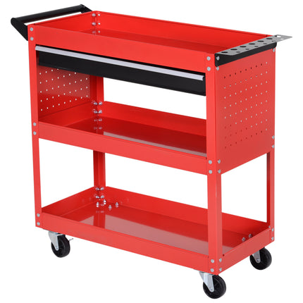 3-Tier Tool Trolley Cart with Drawer and Roller Cabinet for Garage Workshop - Red