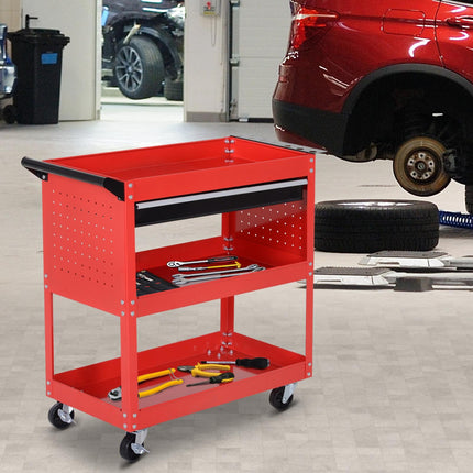 3-Tier Tool Trolley Cart with Drawer and Roller Cabinet for Garage Workshop - Red