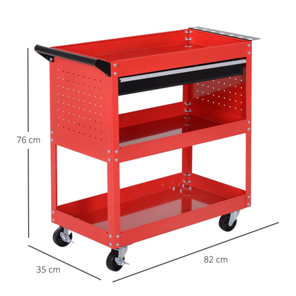 3-Tier Tool Trolley Cart with Drawer and Roller Cabinet for Garage Workshop - Red