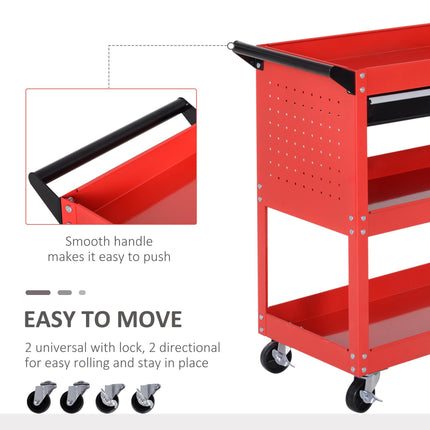 3-Tier Tool Trolley Cart with Drawer and Roller Cabinet for Garage Workshop - Red