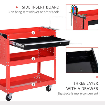 3-Tier Tool Trolley Cart with Drawer and Roller Cabinet for Garage Workshop - Red