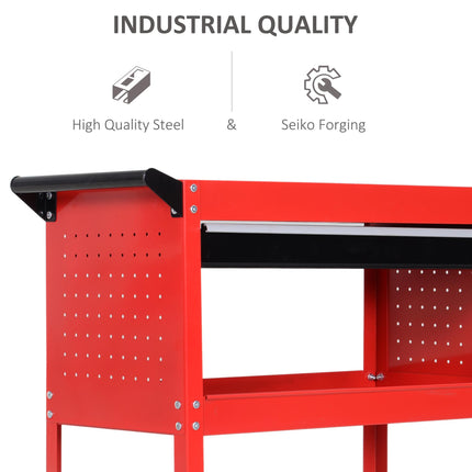 3-Tier Tool Trolley Cart with Drawer and Roller Cabinet for Garage Workshop - Red