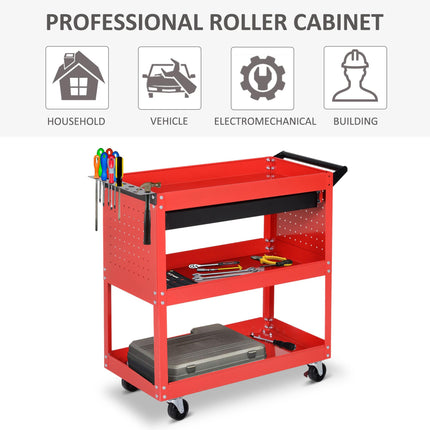 3-Tier Tool Trolley Cart with Drawer and Roller Cabinet for Garage Workshop - Red