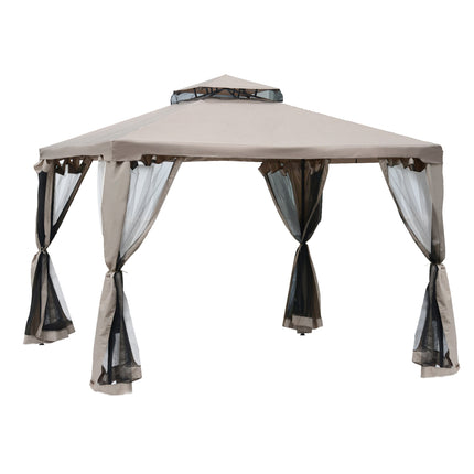 Outdoor Garden Gazebo Tent with 2 Tier Roof and Netting - Taupe