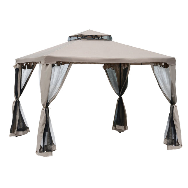 Outdoor Garden Gazebo Tent with 2 Tier Roof and Netting - Taupe