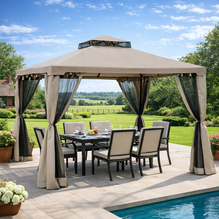 Outdoor Garden Gazebo Tent with 2 Tier Roof and Netting - Taupe