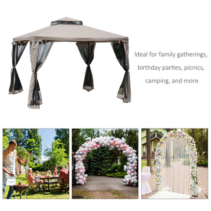 Outdoor Garden Gazebo Tent with 2 Tier Roof and Netting - Taupe