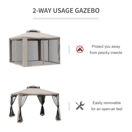 Outdoor Garden Gazebo Tent with 2 Tier Roof and Netting - Taupe