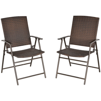 Set of 2 Folding Rattan Bistro Chairs with Armrest Steel Frame - Brown