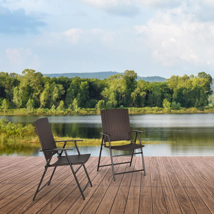Set of 2 Folding Rattan Bistro Chairs with Armrest Steel Frame - Brown