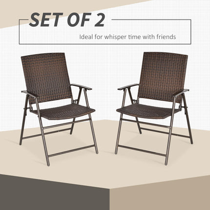 Set of 2 Folding Rattan Bistro Chairs with Armrest Steel Frame - Brown