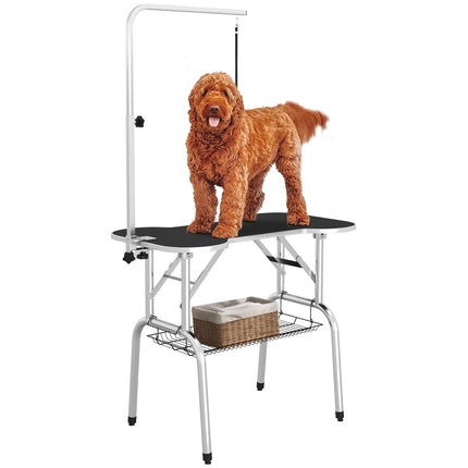 Foldable Pet Grooming and Drying Table with Adjustable Arm, Non-Slip Rubber Top, Aluminium Edge, Stainless Steel Bar Sling - Black