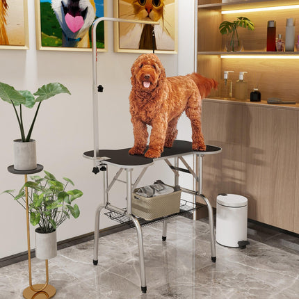Foldable Pet Grooming and Drying Table with Adjustable Arm, Non-Slip Rubber Top, Aluminium Edge, Stainless Steel Bar Sling - Black