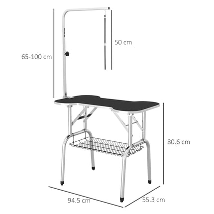 Foldable Pet Grooming and Drying Table with Adjustable Arm, Non-Slip Rubber Top, Aluminium Edge, Stainless Steel Bar Sling - Black