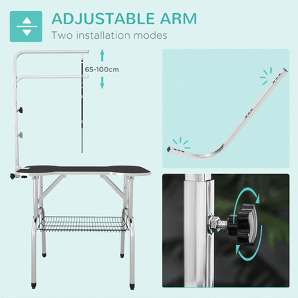 Foldable Pet Grooming and Drying Table with Adjustable Arm, Non-Slip Rubber Top, Aluminium Edge, Stainless Steel Bar Sling - Black