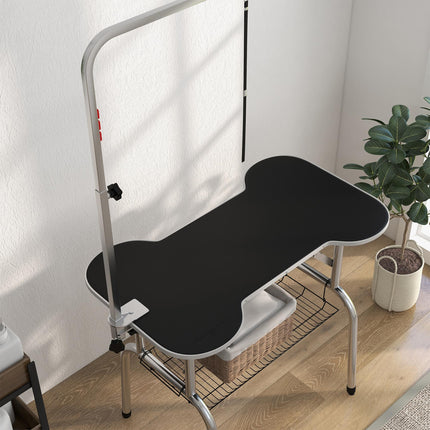Foldable Pet Grooming and Drying Table with Adjustable Arm, Non-Slip Rubber Top, Aluminium Edge, Stainless Steel Bar Sling - Black