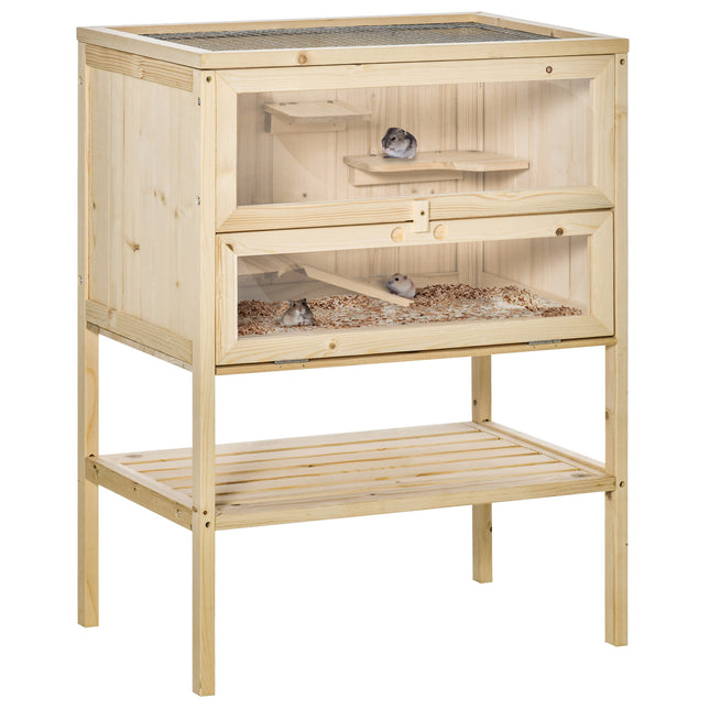 3 Tiers Wooden Hamster Cage for Small Rodents 60L x 40W x 80H cm - Natural Wood