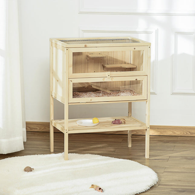 3 Tiers Wooden Hamster Cage for Small Rodents 60L x 40W x 80H cm - Natural Wood