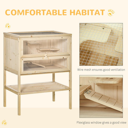 3 Tiers Wooden Hamster Cage for Small Rodents 60L x 40W x 80H cm - Natural Wood