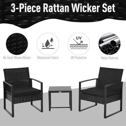 3 Piece Rattan Bistro Set with Cushions and Glass Table Top - Black