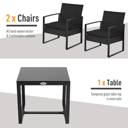3 Piece Rattan Bistro Set with Cushions and Glass Table Top - Black