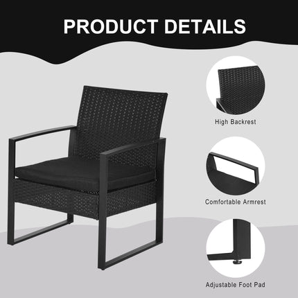 3 Piece Rattan Bistro Set with Cushions and Glass Table Top - Black