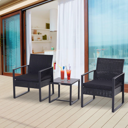 3 Piece Rattan Bistro Set with Cushions and Glass Table Top - Black