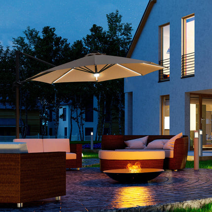 3(m) LED Cantilever Parasol Outdoor Sun Umbrella w/ Base Solar Lights Brown