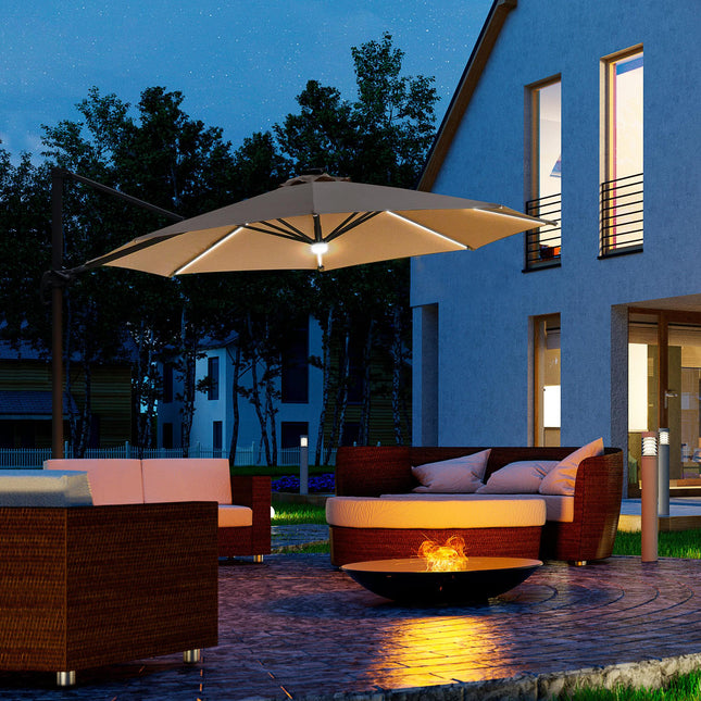 3(m) LED Cantilever Parasol Outdoor Sun Umbrella w/ Base Solar Lights Brown