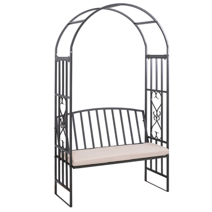Garden Metal Arch Bench with Rose Trellis and Cushion - Black