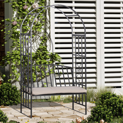 Garden Metal Arch Bench with Rose Trellis and Cushion - Black
