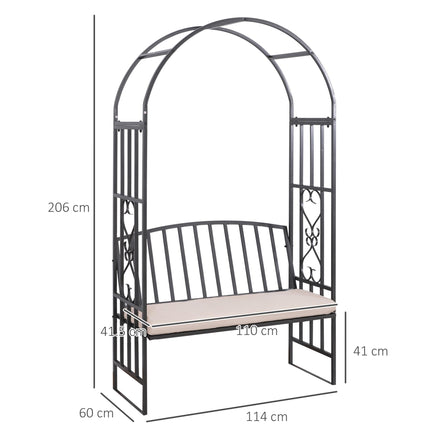 Garden Metal Arch Bench with Rose Trellis and Cushion - Black