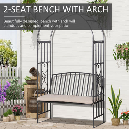 Garden Metal Arch Bench with Rose Trellis and Cushion - Black