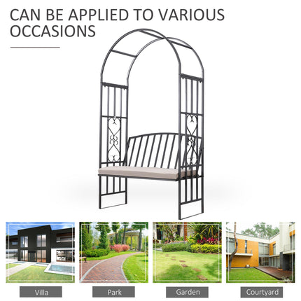 Garden Metal Arch Bench with Rose Trellis and Cushion - Black