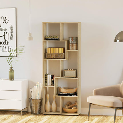 8-Tier Freestanding Melamine Bookcase with Anti-Tipping Pads - Natural Wood Grain