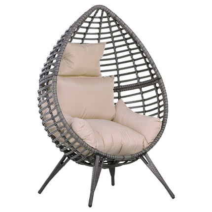 Rattan Egg Chair with Cushion Durable Metal Frame for Indoor Outdoor Use - Grey Beige