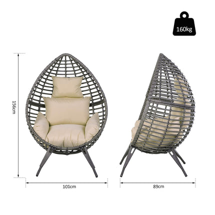 Rattan Egg Chair with Cushion Durable Metal Frame for Indoor Outdoor Use - Grey Beige