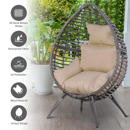 Rattan Egg Chair with Cushion Durable Metal Frame for Indoor Outdoor Use - Grey Beige