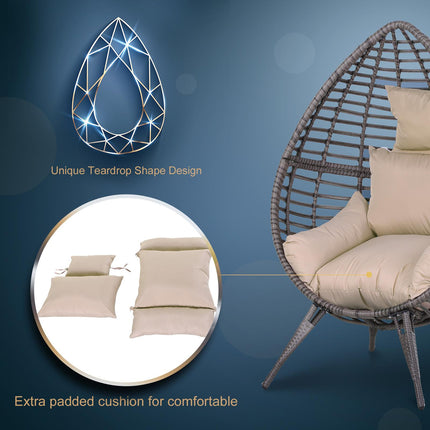 Rattan Egg Chair with Cushion Durable Metal Frame for Indoor Outdoor Use - Grey Beige