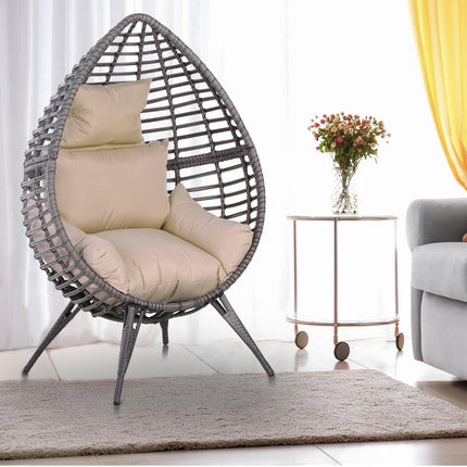 Rattan Egg Chair with Cushion Durable Metal Frame for Indoor Outdoor Use - Grey Beige