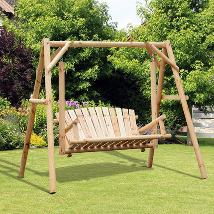 2 Seater Garden Swing Bench with Metal Hooks - Natural Wood