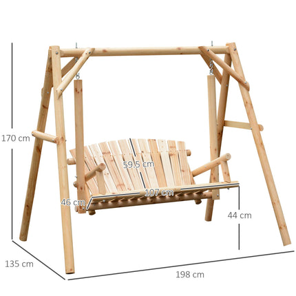 2 Seater Garden Swing Bench with Metal Hooks - Natural Wood