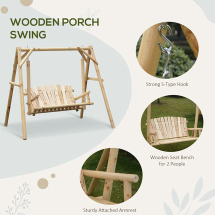 2 Seater Garden Swing Bench with Metal Hooks - Natural Wood