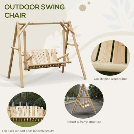 2 Seater Garden Swing Bench with Metal Hooks - Natural Wood