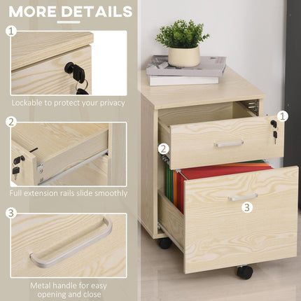 2-Drawer Locking Office Filing Cabinet with 5 Wheels Rolling Storage Hanging Legal Letter Files - Oak