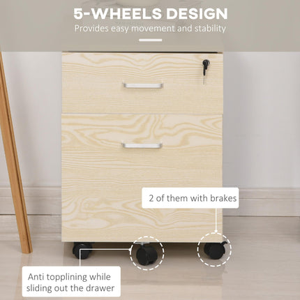 2-Drawer Locking Office Filing Cabinet with 5 Wheels Rolling Storage Hanging Legal Letter Files - Oak
