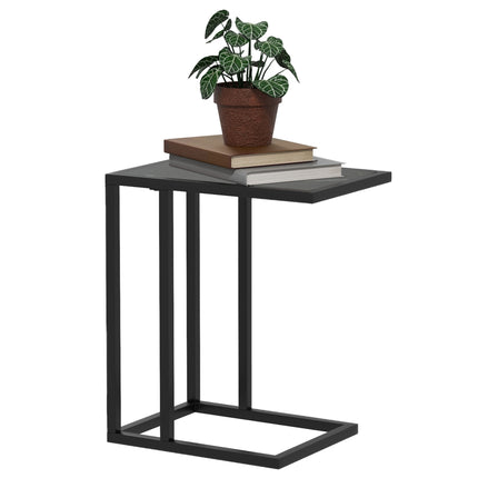 C Shape Side Table with Marble-Effect Top and Metal Frame - Black White