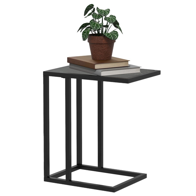C Shape Side Table with Marble-Effect Top and Metal Frame - Black White