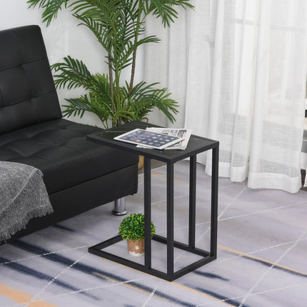 C Shape Side Table with Marble-Effect Top and Metal Frame - Black White