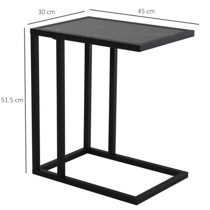 C Shape Side Table with Marble-Effect Top and Metal Frame - Black White